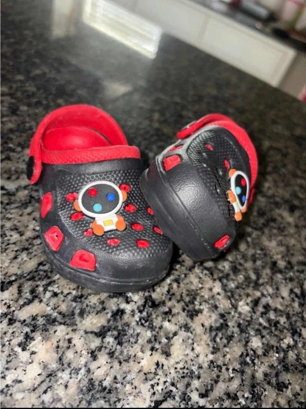 Toddler Black and Red Garden Clogs with Space Robot Accent